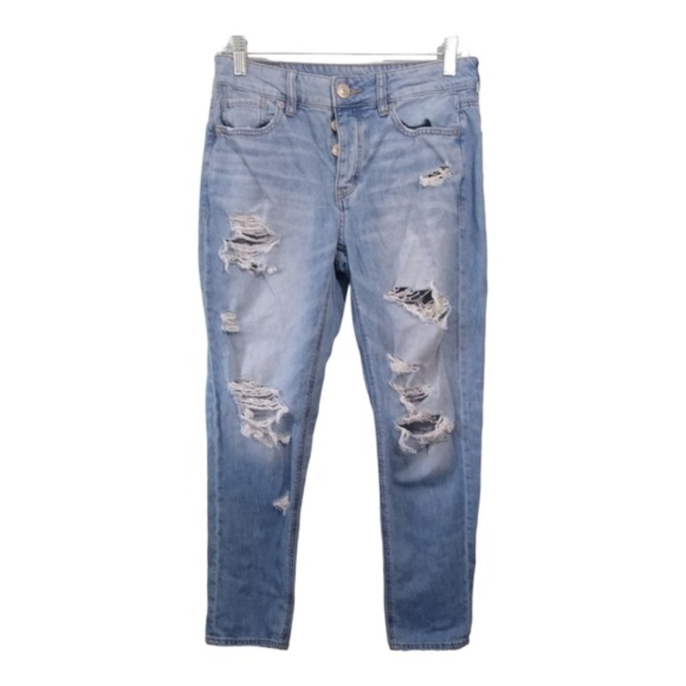 American Eagle Tomgirl Button‎ Fly Destructed Light Wash Jeans Size 2 SHORT